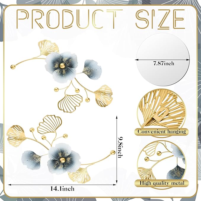 Tandefio 3 Pcs Metal Decorative Wall Mirrors for Living Room Metal Ginkgo Leaf Mirror Modern Creative Wall Decor Art Hanging Decor Mirror for Entrance Bedroom Living Room(Vintage Gold,16.inches)