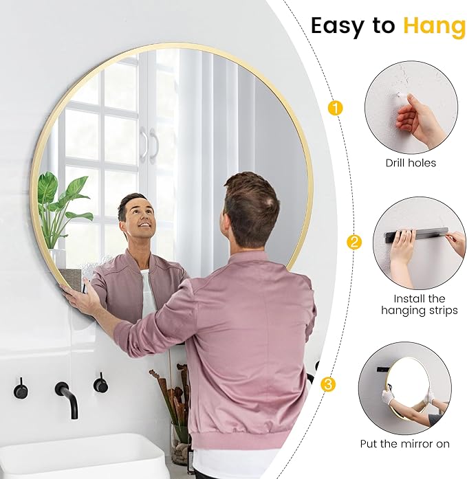 GarveeHome Round Mirror, 18 in Small Aluminum Alloy Circle Frame, High Definition Eco-Friendly Gold Round Bathroom Mirror for Over Sink, Wall Mirror for Entryway, Bathroom, Vanity