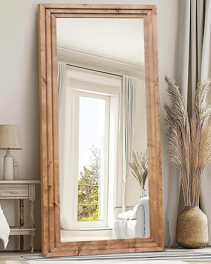 Full Length Mirror 76"x34" Solid Wood Frame Floor Large Mirror for Living Room, Bedroom Hanging or Leaning Wall-Mounted, Light Brown