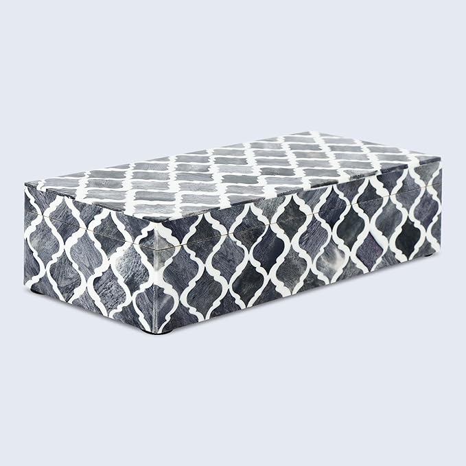 Handicrafts Home Decorative Storage Box with Lid, Moroccan Coffee Table Storage Box Organizer, Wooden Keepsake Jewelry Box, Decorative Desk Console Storage Box, Gray, 10 x 4.5 x 2.5