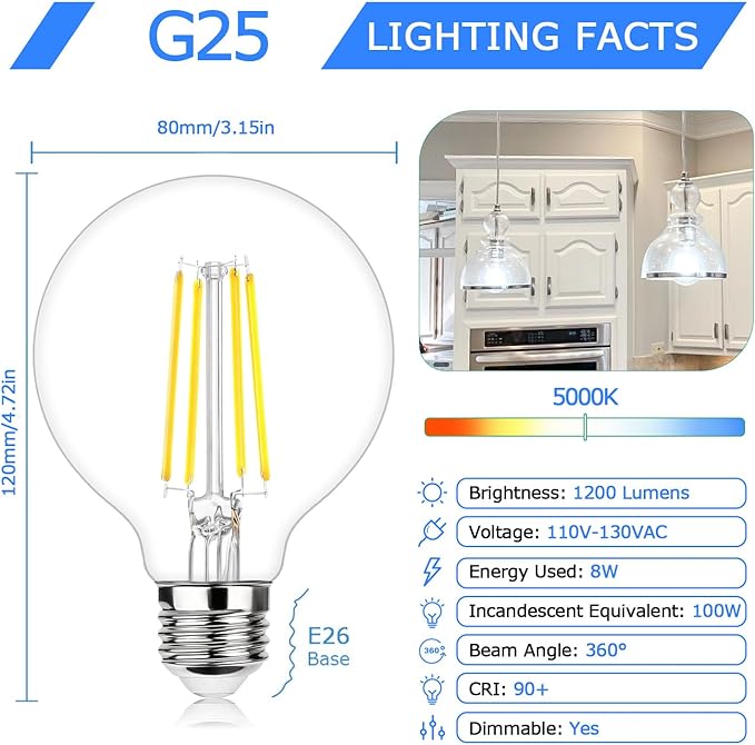 G25 LED Globe Light Bulbs, Dimmable Edison Filament Vanity Light Bulbs, 8W 100W Equivalent, 1200 Lumens Bright, 5000K Daylight White, E26 Medium Base Clear Glass for Bathroom Vanity Mirror, 4 Pack