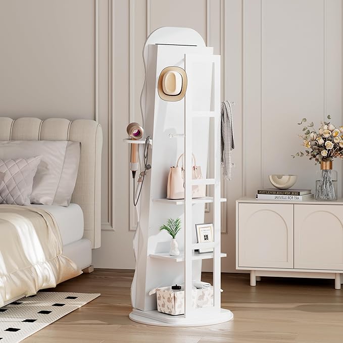 Vlsrka LED Mirror Jewelry Cabinet Standing, 360° Swivel Jewelry Aromire Organizer with Wavy Mirror, Lockable Jewelry Mirror with Storage, Jewelry Cabinet, Interior Mirror, Flodable Shelf, (LED White)