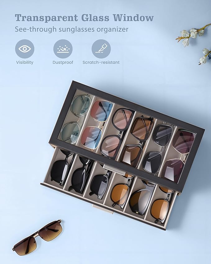 Lolalet Sunglasses Storage Box for Women, Eyewear Eye Glass Organizer with Clear Top Display Holder Case, Mothers Day Gifts