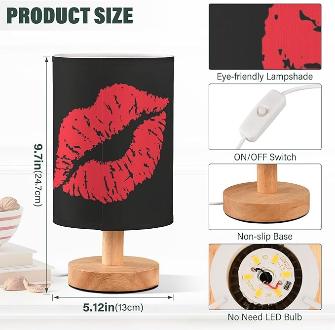 Table Lamp Sexy Red Lip on Black Nightstand Lamp with Wood Base Fabric Lamp Shade Bedside Desk Lamp for Living Room Bedroom Kids Room Office