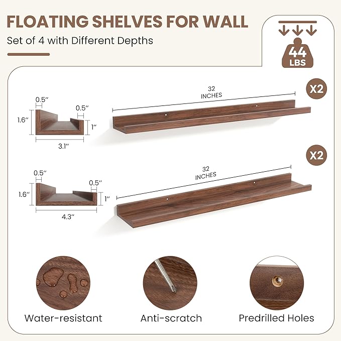 Fun Memories Picture Ledge Shelf, Floating Shelves Set of 4, 32 Inch Picture Shelves for Wall with Ledge, Large Nursery Book Shelf for Toys Storage, Living Room, Bedroom Decor Frames, Walnut