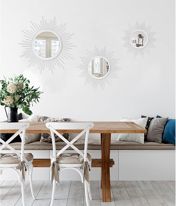 Wall Decor Spoked Sunburst Accent Wall Mirror Round Home Modern Metal Art Mirror for Bathroom Living Room Hallway Bedroom Balcony Farmhouse Entrance White 12"