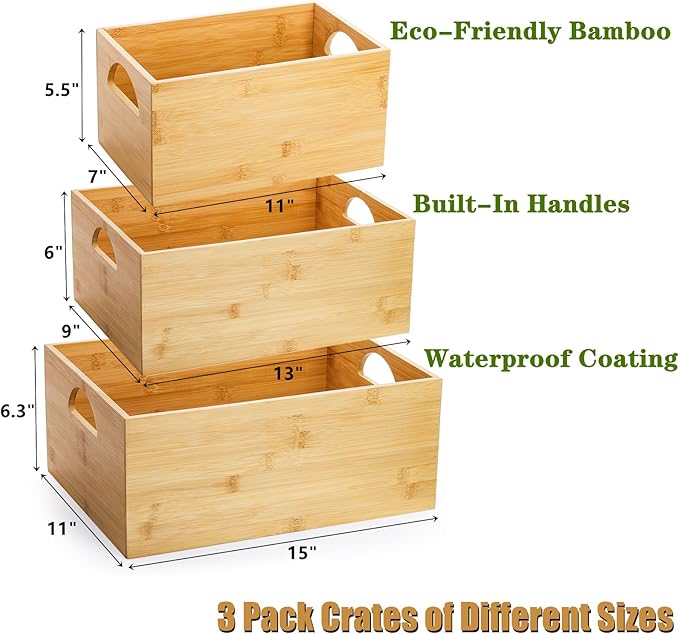 DEAYOU 3 Pack Bamboo Storage Bin, Bamboo Storage Box Crate, Natural Nesting Organizer, Stackable Cubby Basket Container Holder with Handle for Display, Book, Toy, Snack, Decor, Modular Open, 3 Sizes