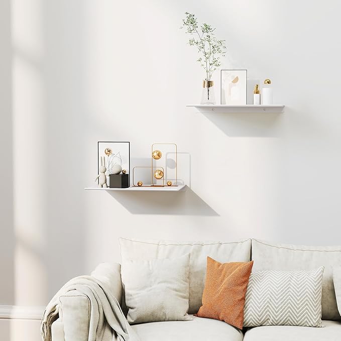 MKO 12" Floating Shelves for Wall, Small Metal Wall Mounted Shelf for Bathroom, Bedroom, Living Room, Kitchen, Little Hanging Shelves for Books/Storage/Room Decor 2 Packs, White