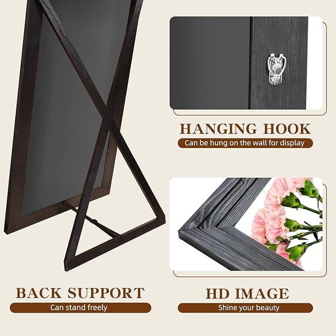 Full Length Mirror 65"x22" with Stand Solid Wood Frame Floor Large Mirror for Living Room, Bedroom Hanging Standing or Leaning Wall-Mounted, New Black