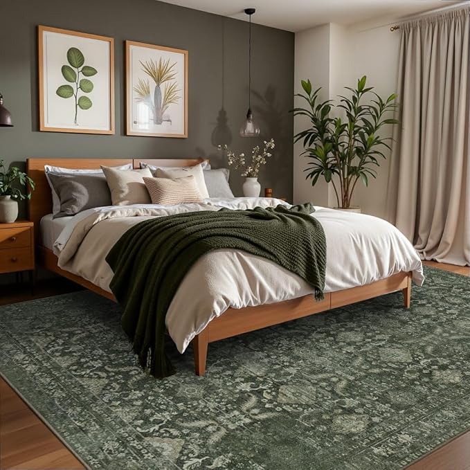 Rugxara 6x9 Area Rugs for Living Room Bedroom, Large Washable Rug, Green Vintage Floral Boho Style, Non Slip & Low Pile Carpet for Indoor Dining Room, Dorm and Kids Room(Green 6x9ft)