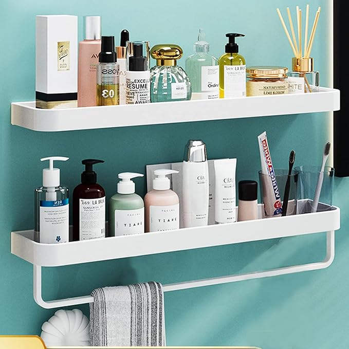 Bathroom Shelves, 15.7in Tempered Glass Shelf with Towel Bar Wall Mounted, 2 Tier Wall Shelves for Bathroom Organizers and Storage, White