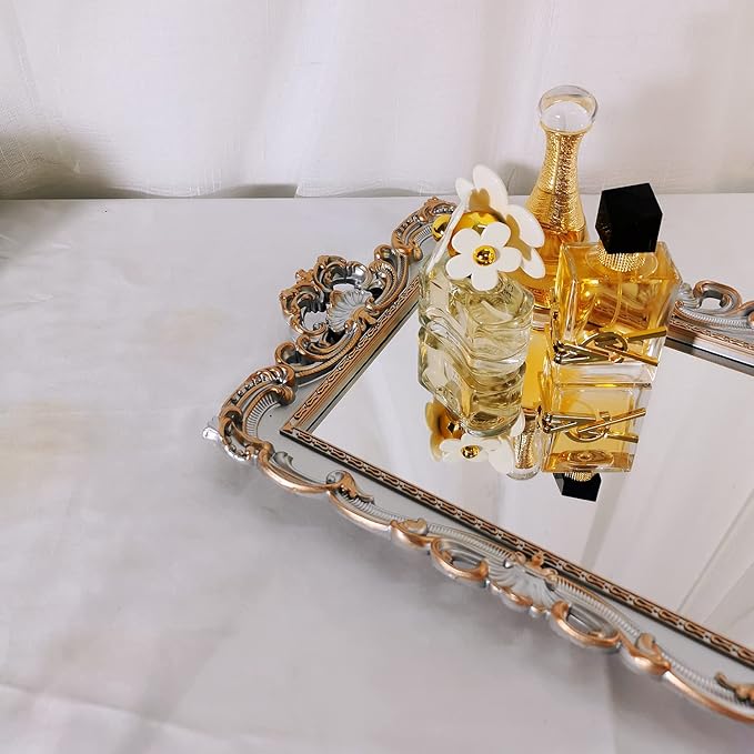 Shell Rectangle Decorative Mirror Tray, French Style, Makeup Organizer, Jewelry Organizer, Serving Tray, 9.3"x 14.9", Golden Silver
