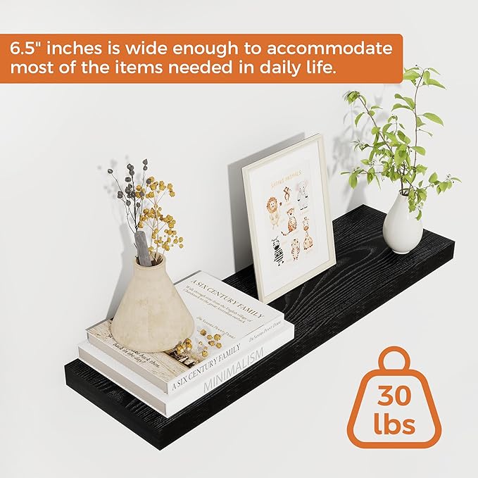 Fun Memories Deep Black Floating Shelf, 22.5" W x 6.5" D Rustic Wood Wall Shelf for Books with Invisible Brackets, Floating Shelf for Storage & Display in Kitchen, Living Room, Bedroom, 2 Packs