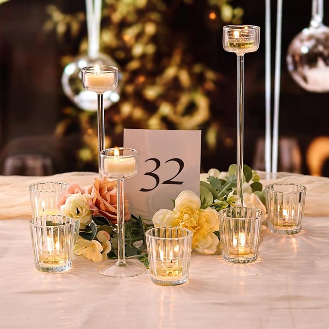 NITIME 24Pcs Vintage Ribbed Votive Candle Holders, Glass Candle Holder for Wedding Table Decor, Tea Lights Candle Holder for Table Centerpiece, Christmas, Holiday Decor