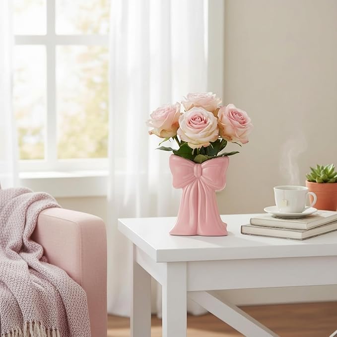 Jingmore Pink Bow Vase Coquette Ceramic Vase Pen Holder Makeup Brush Holder Contemporary Design Decorative Women Gift for Wedding Home Office Shelf Table Room(Medium, Elegant)