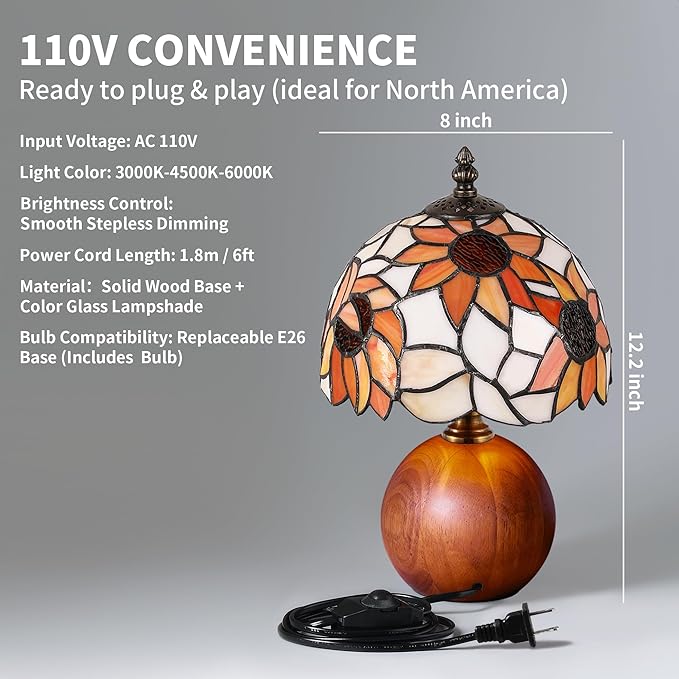 12.2" Tiffany Style Lamp, Handcrafted Stained Glass Sunflower Table Lamp with Spherical Solid Wood Base, 3-Color Dimmable Bedside Lamp for Nightstand & Bedroom, Vintage Aesthetic Accent Light