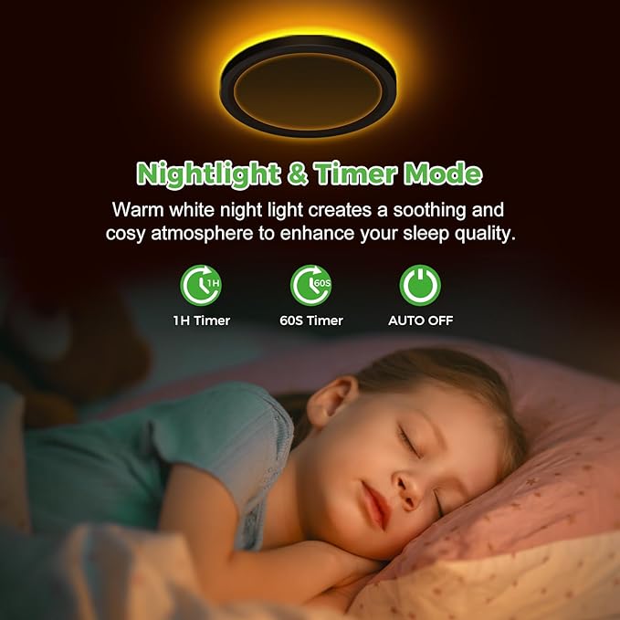 zemty 7 Inch LED Ceiling Light with Night Light 1800K, 3000K/4000K/6500K Dimmable Light Fixtures with Remote Control,12W 1200lm Flush Mount Ceiling Lamp for Bedroom LivingRoom Bathroom Kitchen-Black