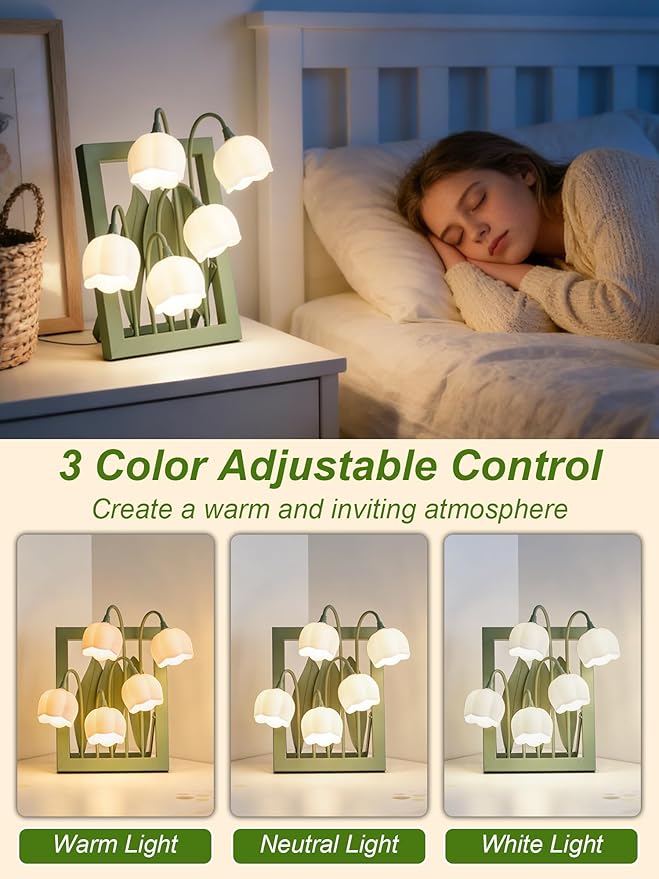 Flower Lamp,Bedside Vintage Table Lamps,5 Lily of The Valley Night Lights,3 Colors Modes Kawaii Bedside Lamp Decor,Cute Desk Lamp for Bedroom,Living Room,Office Home Decor(Green Picture Frame)