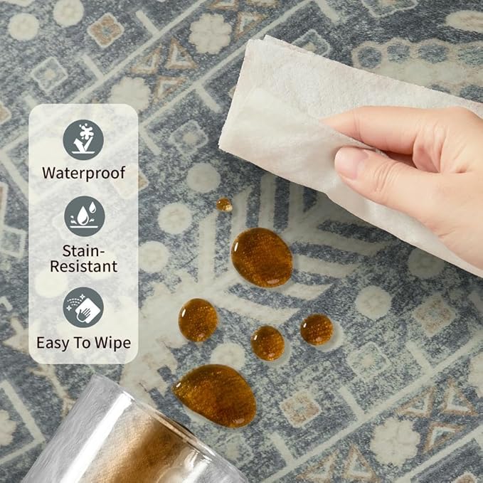 Rugxara 10x14 Washable Area Rugs for Living Room - Large Rugs,Floral Boho Vintage Rug,Soft & Non-Slip,Low Pile Wool Carpet for Indoor Dining Room,Bedroom,Girls Room(Ivory Blue)