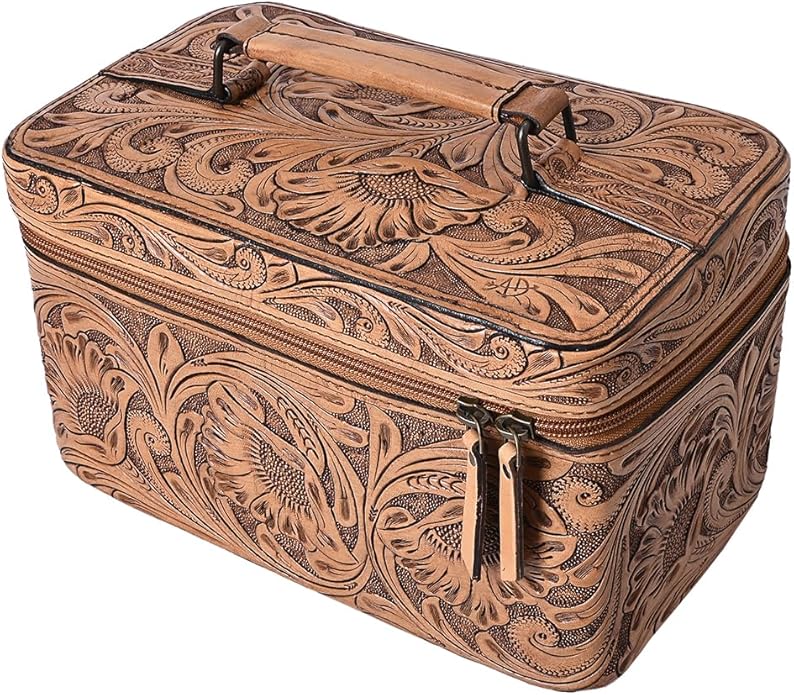 American Darling Western Hand Tooled Leather Jewelry Case | Handcrafted Travel Makeup Bag with Handle and Divided Interior