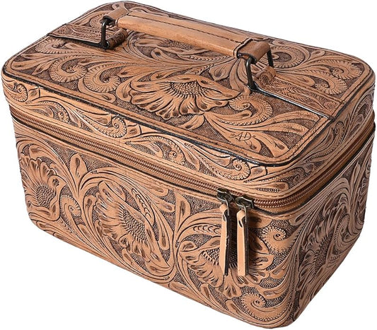 American Darling Western Hand Tooled Leather Jewelry Case | Handcrafted Travel Makeup Bag with Handle and Divided Interior
