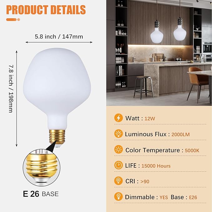SD LUX Oversized Decorative LED Light Bulbs 12W 1800LM (Equivalent 150W) Dimmable Vintage Edison Filament Bulbs E26 Large Globe Bulb Milky Glass for Home Office, Daylight 5000K, 1 Pack