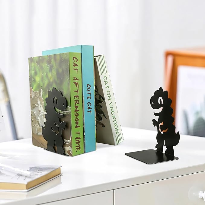 Black Dinosaur Bookends for Shelves, Dinosaur Metal Book Ends L-Shaped Home Decorative Bookends Book Holder Stopper Desk Organizers Book Dividers for Kid Boy Bookshelf Office School Library