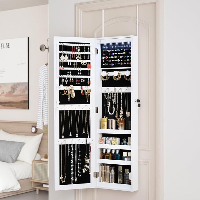 Full Length Mirror Jewelry Cabinet Organizer Lockable Door Wall-Mounted Jewelry Armoire with Shelves and Behind-the-Door Storage - White