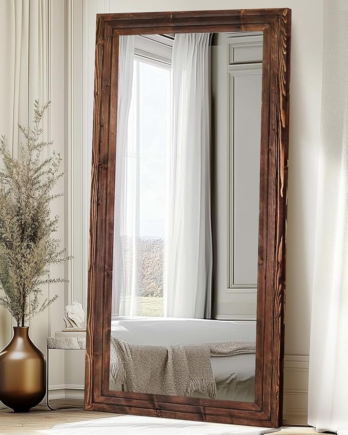 Full Length Mirror 76"x34" Solid Wood Frame Floor Large Mirror for Living Room, Bedroom Hanging or Leaning Wall-Mounted, Brown