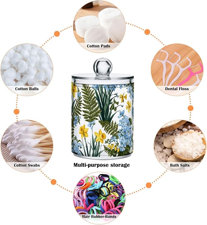 2 Pack Apothecary Jars Vibrant Wildflower Garden Floral Bathroom Vanity Storage Organizer Set,Small Clear Plastic Storage Jars Bathroom Canister for Cotton Swabs, Rounds, Balls, Qtips,Makeup Sp