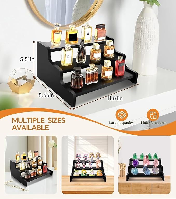 Wooden Cologne Organizer for Men, Perfume Organizer Stand, Cologne Stand with Anti-Slip Washers, Wooden Display Risers Stand for Figures, Fragrances, Dessert, Cupcake, Makeup (Black, 3-tier-11.8in)
