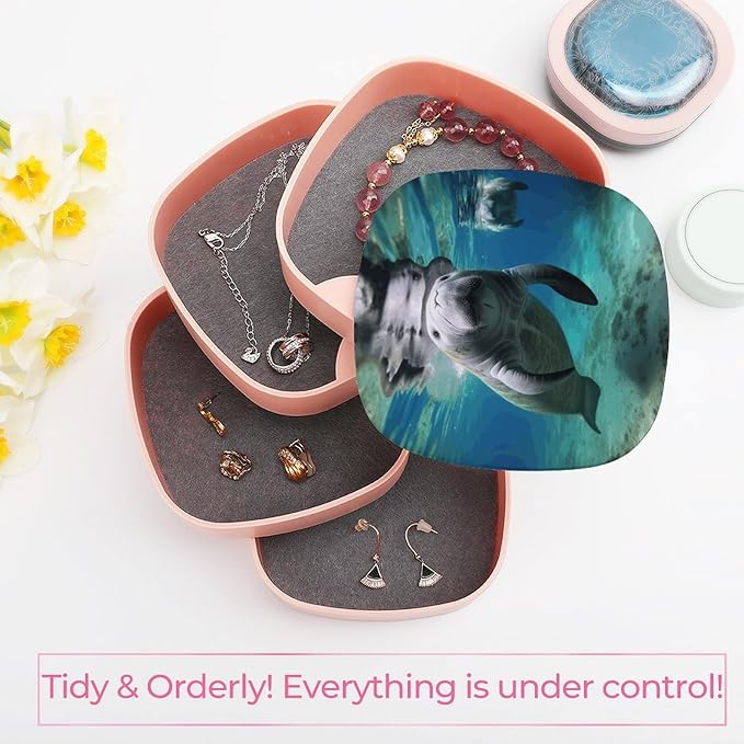 Ocean Animal Manatee Jewelry Box 360°Rotating Storage Boxes Small Travel Earring Organizer with 4-Layers Rotatable Jewelry Storage Organizer for Ring Necklaces Makeup