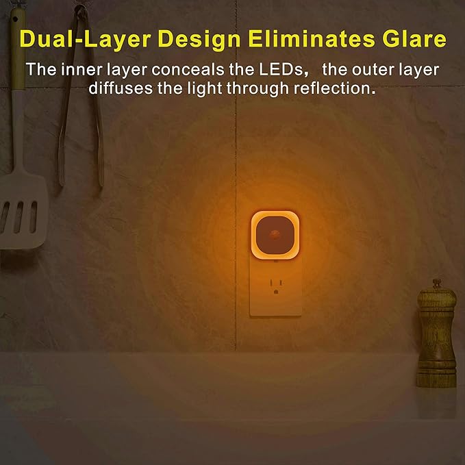 YUNLEX 2 Pack Plug in Night Light with Motion Sensor & Dusk to Dawn Sensor, 3 Sensor Modes, Dimmable Night Lights Plug into Wall, Amber Nightlight for Sleep, Bathroom, Bedroom, Indoors, Kids