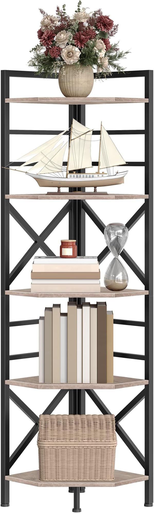 CHOEZON 69.3" Corner Shelf 5-Tier, Large Corner Shelving, Freestanding Storage Stand for Bedroom, Living Room, Kitchen, Industrial Engineered Wood Bookshelf Organizer, Greige and Black TCJ15BG