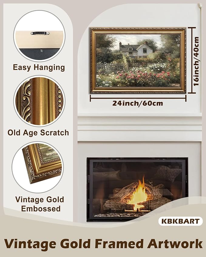 KBKBART Gold Framed Vintage Wall Art, Vintage Wildflower Countryside Canvas Oil Painting Wall Art, Rustic Antique Landscape Spring Decor Bathroom Decor for Bedroom Living Room, Gifts for Friends or Family(16"x24")