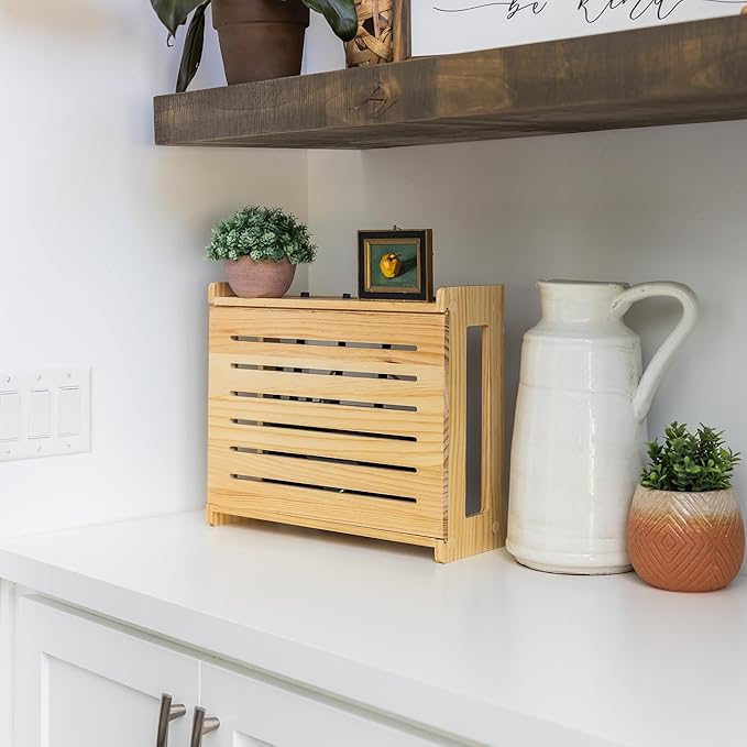 Wooden WiFi Router Storage Box - Standard Wall Mountable Decorative Modem Shelf Hider Cover with Cable Management System - Rustic Home Organization Solution for Most Routers Up To 11" Tall - Pine