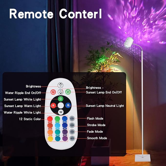 Sunset Lamp Projector Led Lights 3D Ocean Wave with Remote, 16 Colors Night Light 720° Rotation & Four Mode with American Standard Plug, Modern Floor Stand Night Light for Bedroom (White)