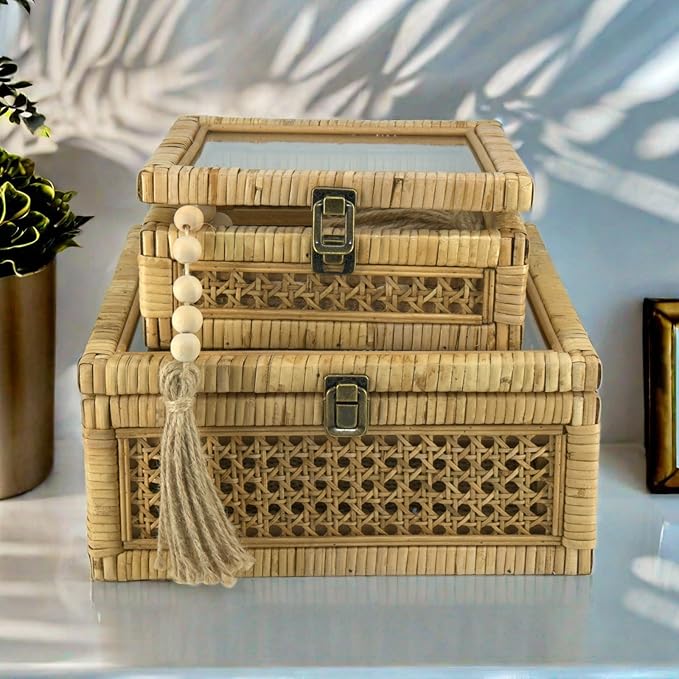 HUAXIN CRAFT H Rattan Square Box with Lid - Set of 2 Wicker Decorative Bins with Glass Cover for Display