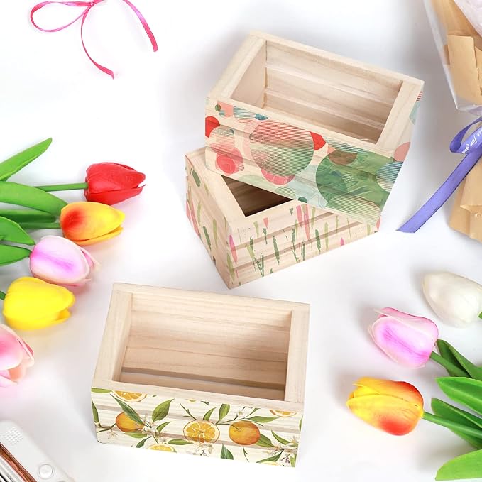 4 Pack Mini Rustic Wooden Crates, Decorative Wood Crates Unfinished Wood Box, Crate Box Wooden Storage Box for Kitchen, Office, Bedroom, Closet, Rustic Country Decor