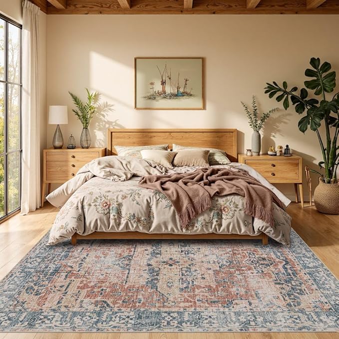 Rugxara 6x9 Area Rugs for Living Room Bedroom, Large Washable Rug, Coral Vintage Floral Boho Style, Non Slip & Low Pile Carpet for Indoor Dining Room, Dorm and Kids Room(Coral Blue 6x9ft)