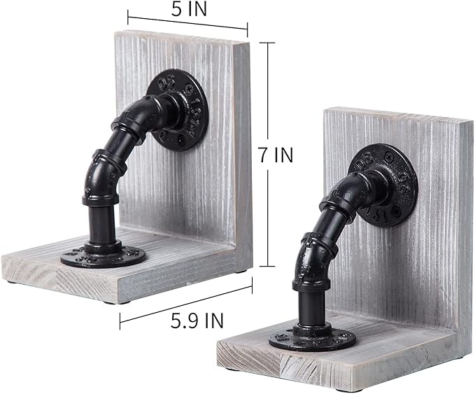 Rustic Decorative Wooden Tabletop Farmhouse Bookends for Heavy Books with Modern Industrial-Style Pipe Office Desktop Bookshelf Organizers Holder Nonskid Shelf Decor for Home Office 1-Pair (Grey)