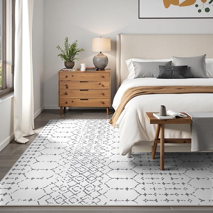 Lahome Moroccan 8x10 Rugs for Living Room - Non-Slip Washable Ultra-Thin Large Rug for Dining, Modern Geometric Print Indoor Soft Carpet for Bedroom Office Hana, White
