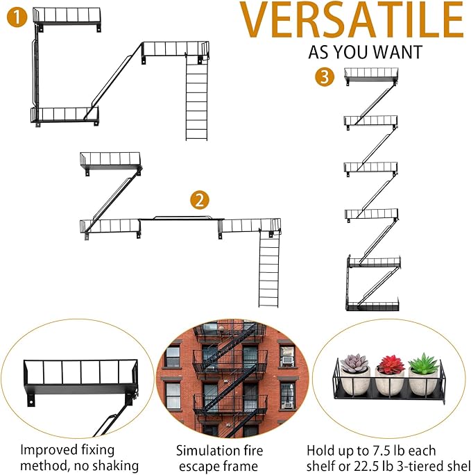 Zonon Fire Escape Wall Shelf Hanging Metal Ladder Shelves Wall Decor Cool Bookshelf Organizer Floating Shelves Action Figure Shelf for Home Bedroom Storage Display(Black,6 Tier)
