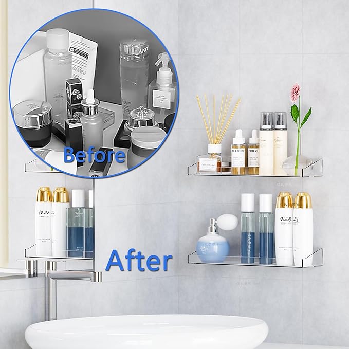 Acrylic Shelves for Bathroom Wall - No Drilling Shelf, Adhesive Wall Mounted Storage Organizer - Invisible Floating Shelves for Action Figures, Collectibles, Makeup, Perfume, Books, Room Decor (2PCS)