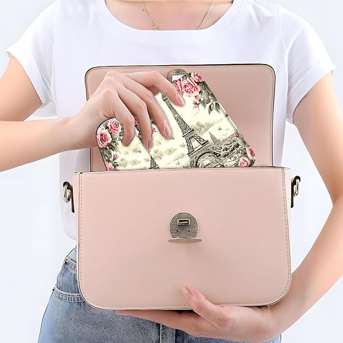 Travel Jewelry Case with Compact Mirror, Eiffel Tower Pink Rose Exquisite PU Leather Jewelry Boxes for Women and Gril, Best Gifts for People Who Travel - Dainty Jewelry Organizer