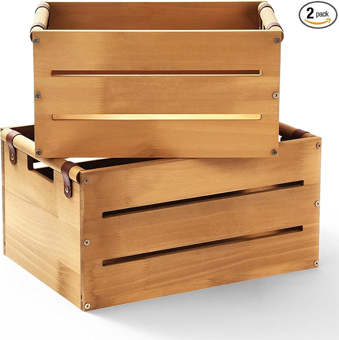 Chunful Set of 2 Rustic Wooden Crate Large Farmhouse Wood Storage Container Boxes with Cutout Handles 15.3 x 11x 7.8 and 13.3 x 9.4 x 7 Inch Vintage Decorative Crate for Display Home Decor