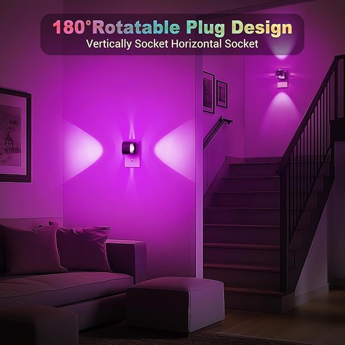 JandCase Night Lights Plug into Wall,10-Colored Changing Night Light for Kids, 2 Pack 180° Rotatable Plug RGB LED Nightlight with Dusk to Dawn Sensor for Halloween Decoration, Children Room,Party