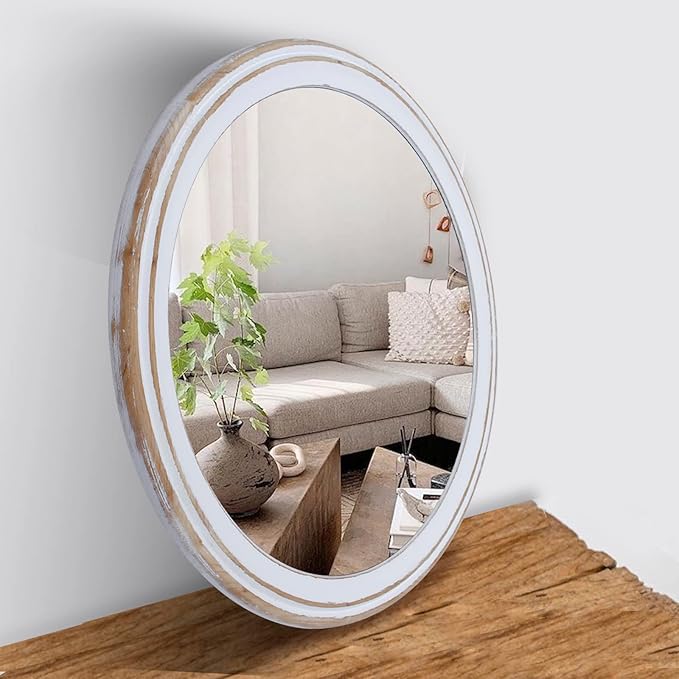 Reflinto 30 Inch Rustic Farmhouse Wooden Round Mirrors for Wall Decor, Washwhite Circle Decorative Mirror for Bathroom Over Sink, Entryway, Living Room, Foyer