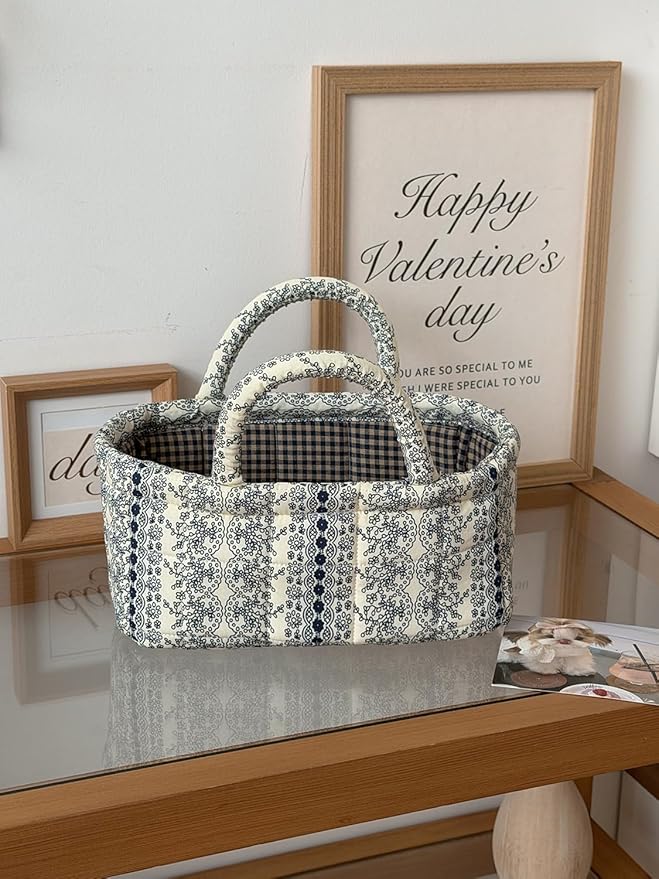 Small Storage Basket Organizer, Mini Fabric Floral Storage Baskets with Handle, Quilted Portable Collapsible Storage (Vine-Blue B)
