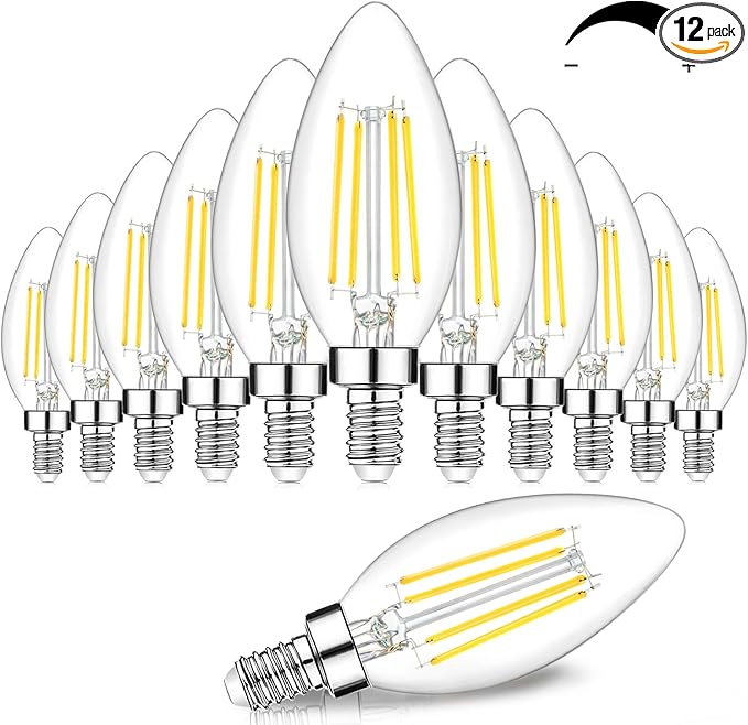 12-Pack Dimmable E12 LED Candelabra Bulbs 60W Equivalent, 5000K Daylight White, 600 Lumens B11 Candle Base 6W C35 LED Filament Vintage Light Bulbs, Clear Glass for Chandelier Ceiling Fan High CRI 90+